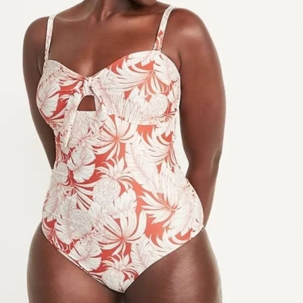 Old Navy Tie-Front Keyhole Bandeau-Style One-Piece Swimsuit 2X Cream/Orange (H25